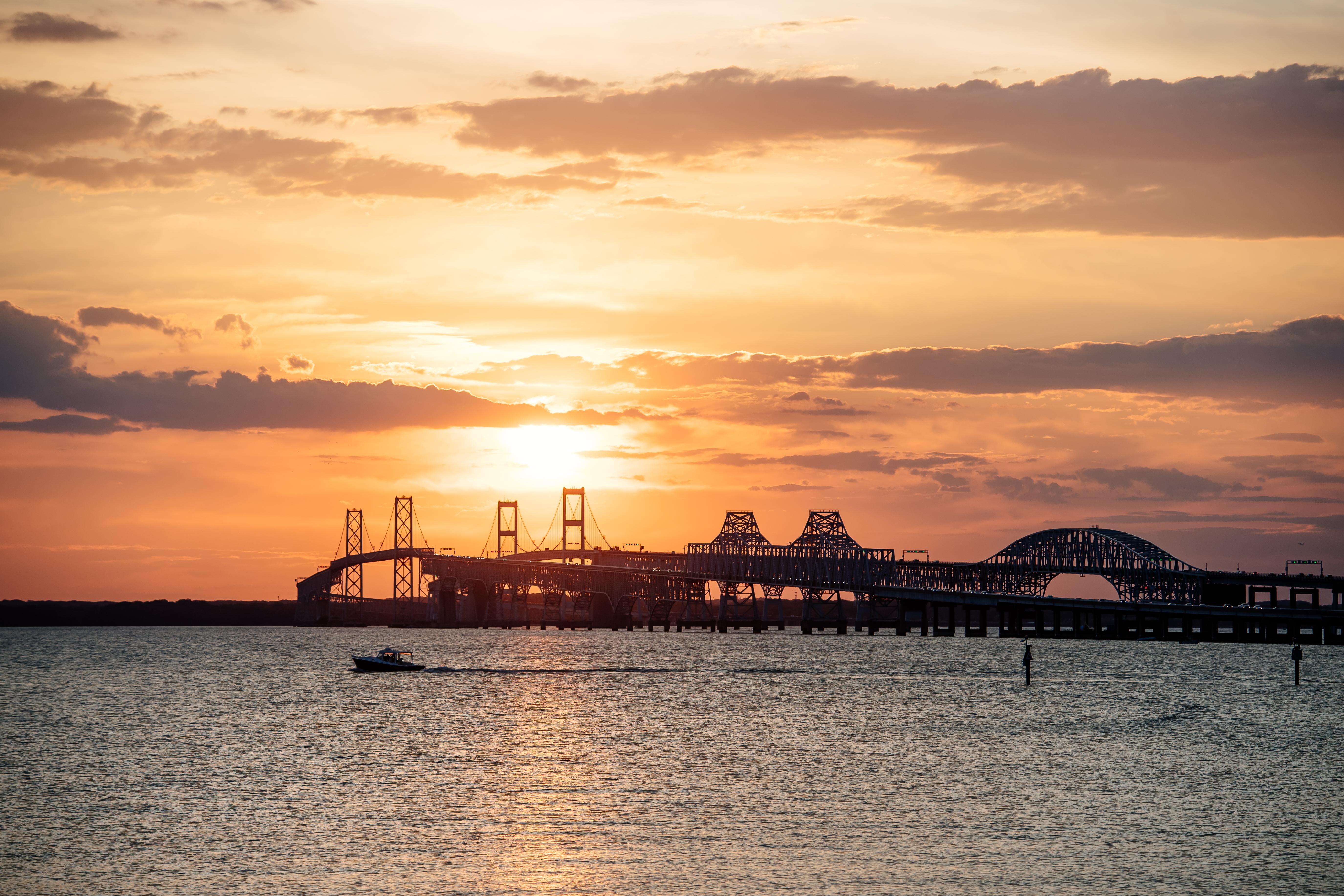 View of the Chesapeake Bay Bridge at sunset from Libbey's Coastal Kitchen